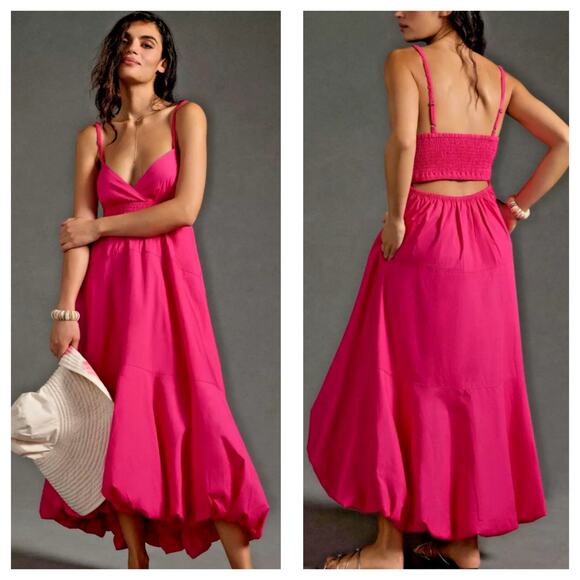 Anthropologie V-Neck Tiered Bubble Hem Poplin Maxi Dress Size XS Barbie Pink - Picture 1 of 13